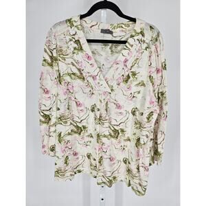 Style & Co Womens Sz 2X Long Sleeve V Neck Blouse Green Pink Marbled Print